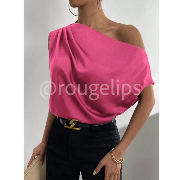 Hot Pink Satin Draped Asymmetrical Blouse Top Off One Shoulder - Picture 2 of 8